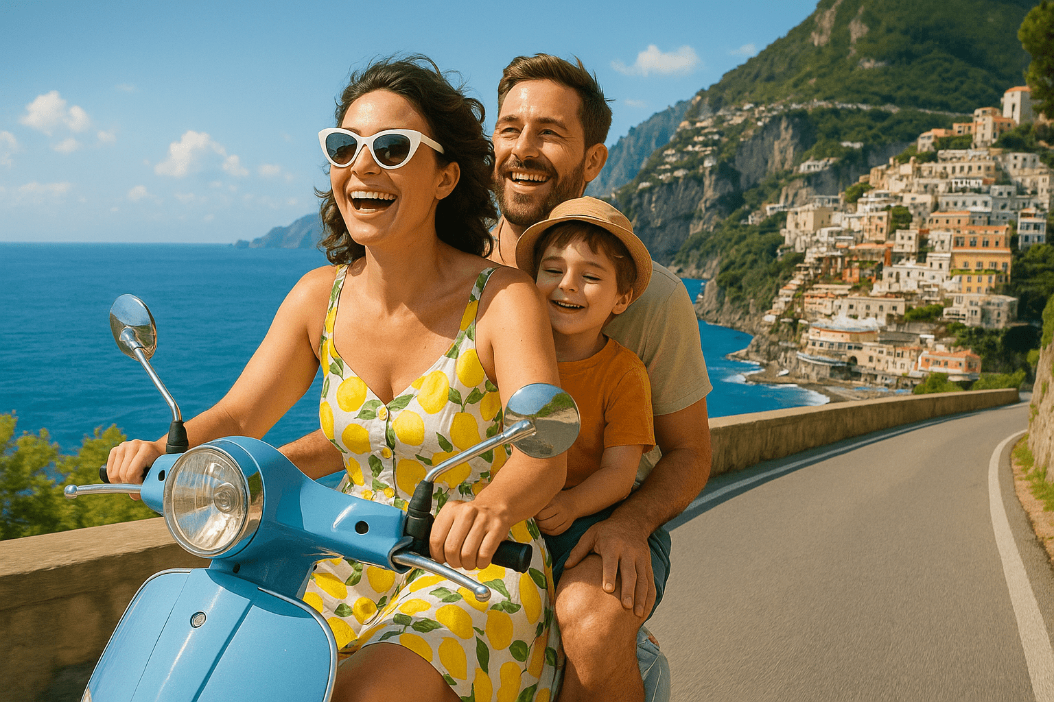 Familia en moto por una carretera